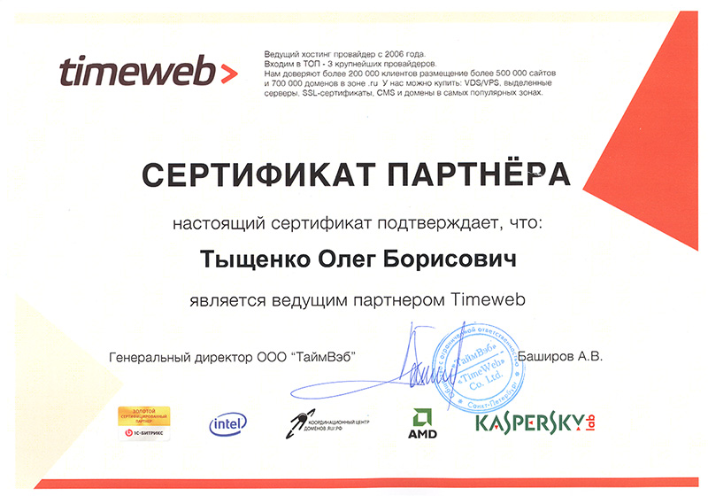 Сертификат ведущего партнёра Timeweb в 2021 году.