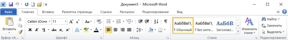Меню Главная в текстовом редакторе MS Word 2010.